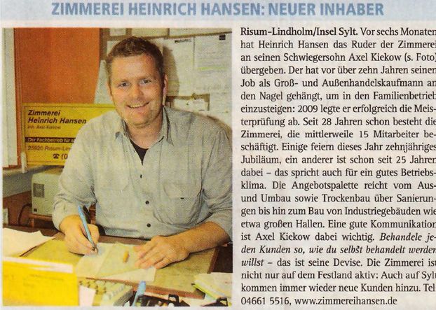 Neuer Inhaber Zimmerei Heinrich Hansen Inhaber Axel Kiekow